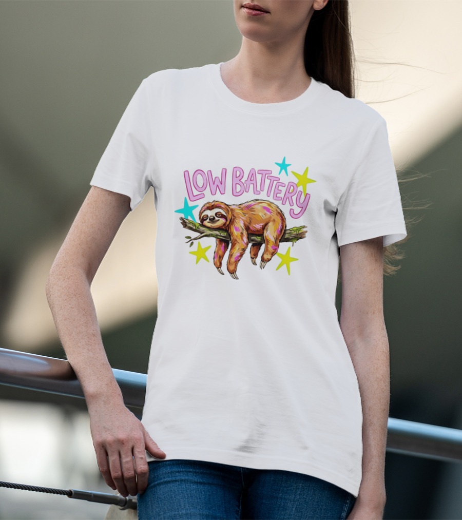 Lazy Sloth Low Battery Tired Animal With Colorful Stars T-Shirt
