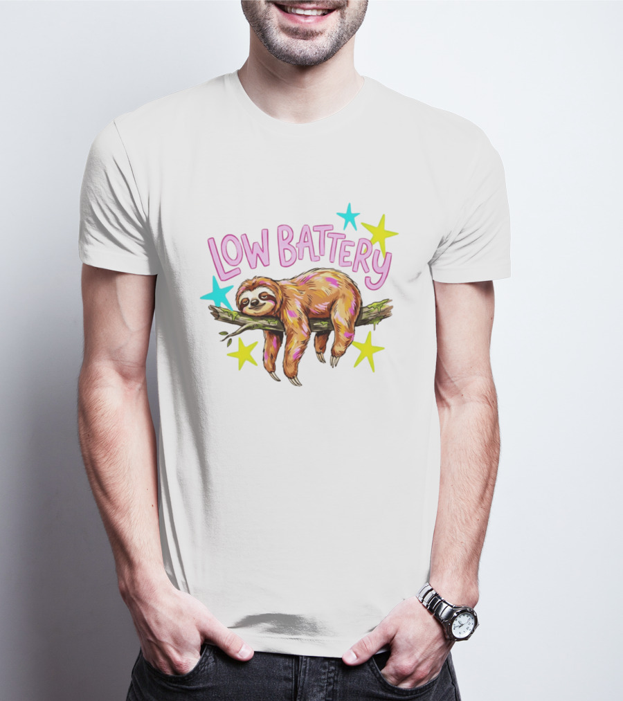 Lazy Sloth Low Battery Tired Animal With Colorful Stars T-Shirt