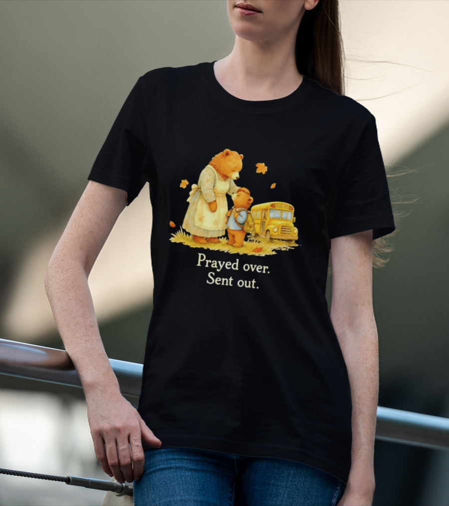 Mama Bear And Cub School Bus Prayed Over Sent Out Back To School Autumn Scene T-Shirt