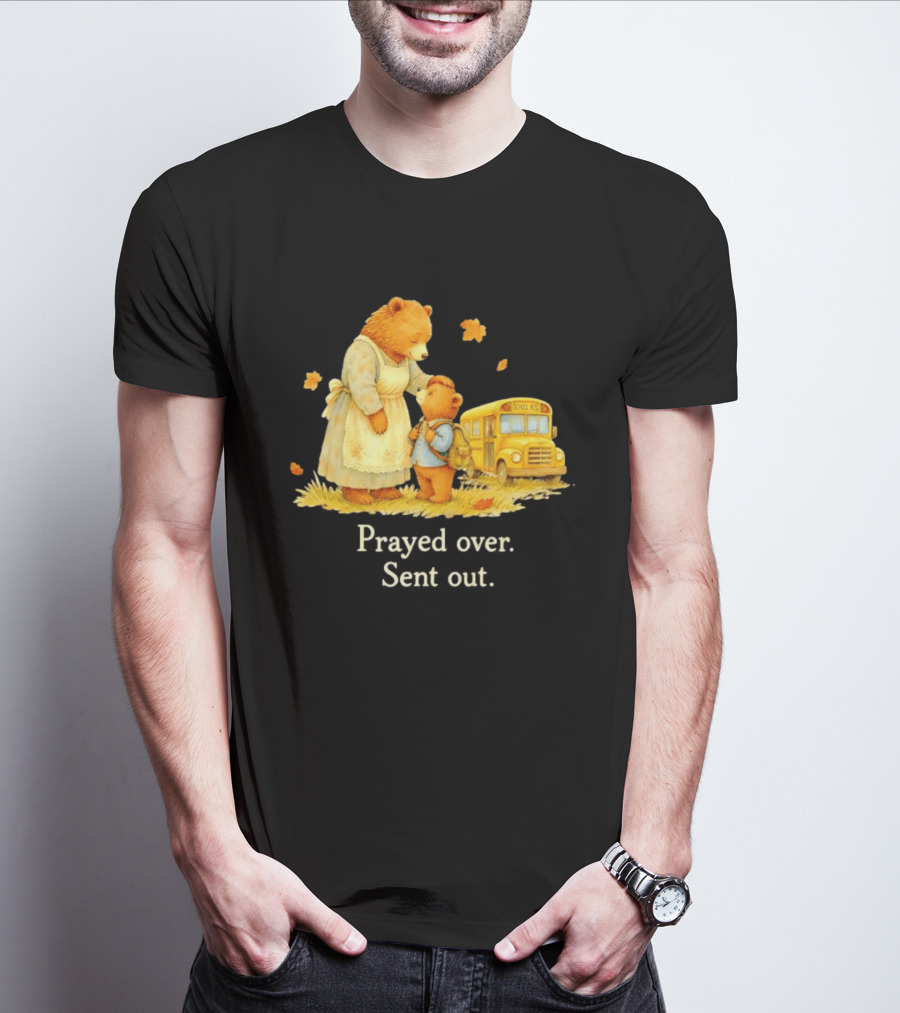 Mama Bear And Cub School Bus Prayed Over Sent Out Back To School Autumn Scene T-Shirt