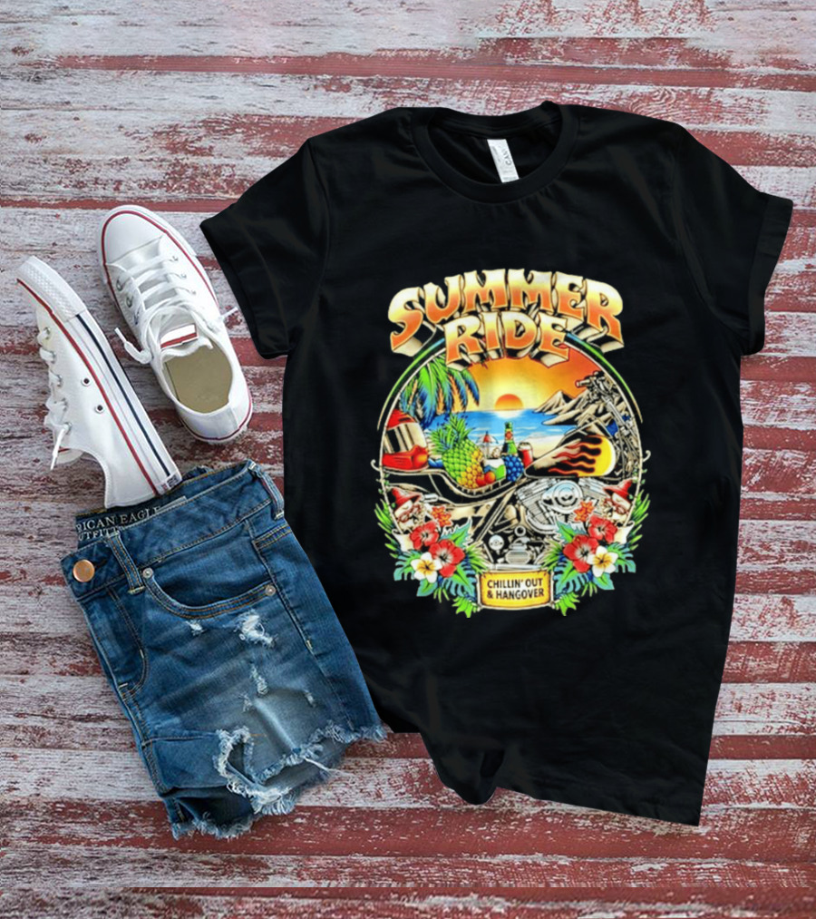 Summer Ride Chillin' Out Hangover Motorcycle Beach Sunset Tropical Fruits Floral T-Shirt