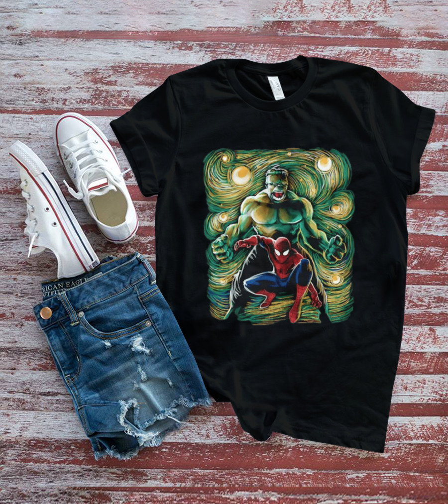 Hulk And Spider Man Marvel Comics Starry Night Sky Superhero Collaboration T-Shirt