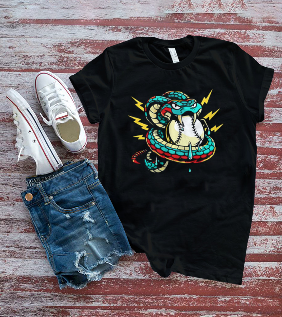 Snake Wrapped Around Baseball Surrounded By Lightning Strikes T-Shirt