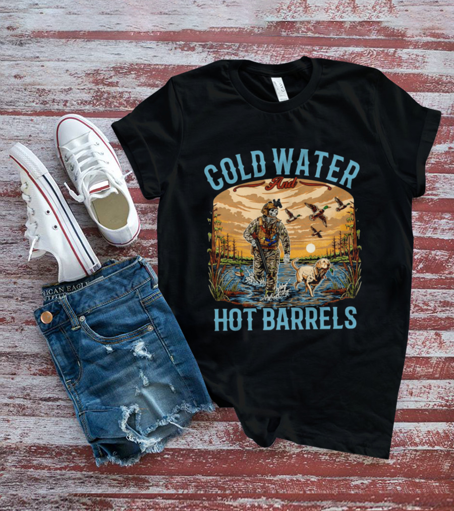 Cold Water And Hot Barrels Skeleton Hunting Ducks Scene With Dog T-Shirt