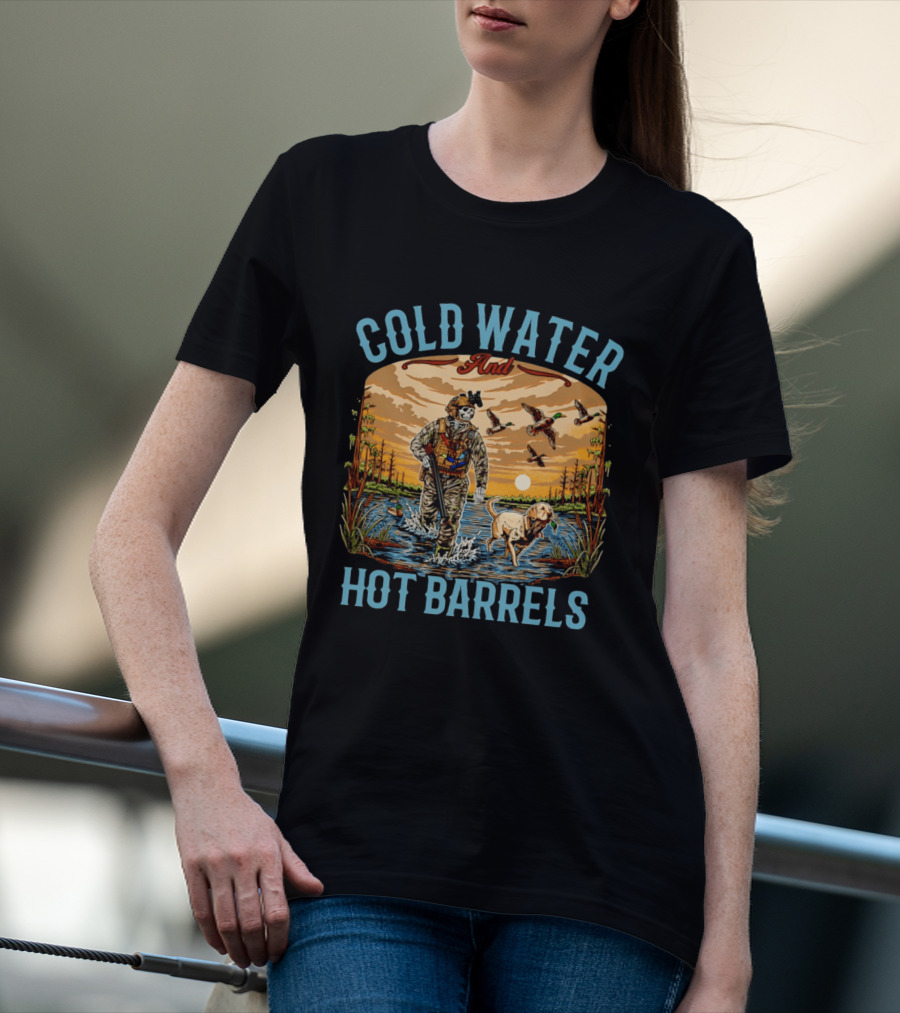 Cold Water And Hot Barrels Skeleton Hunting Ducks Scene With Dog T-Shirt