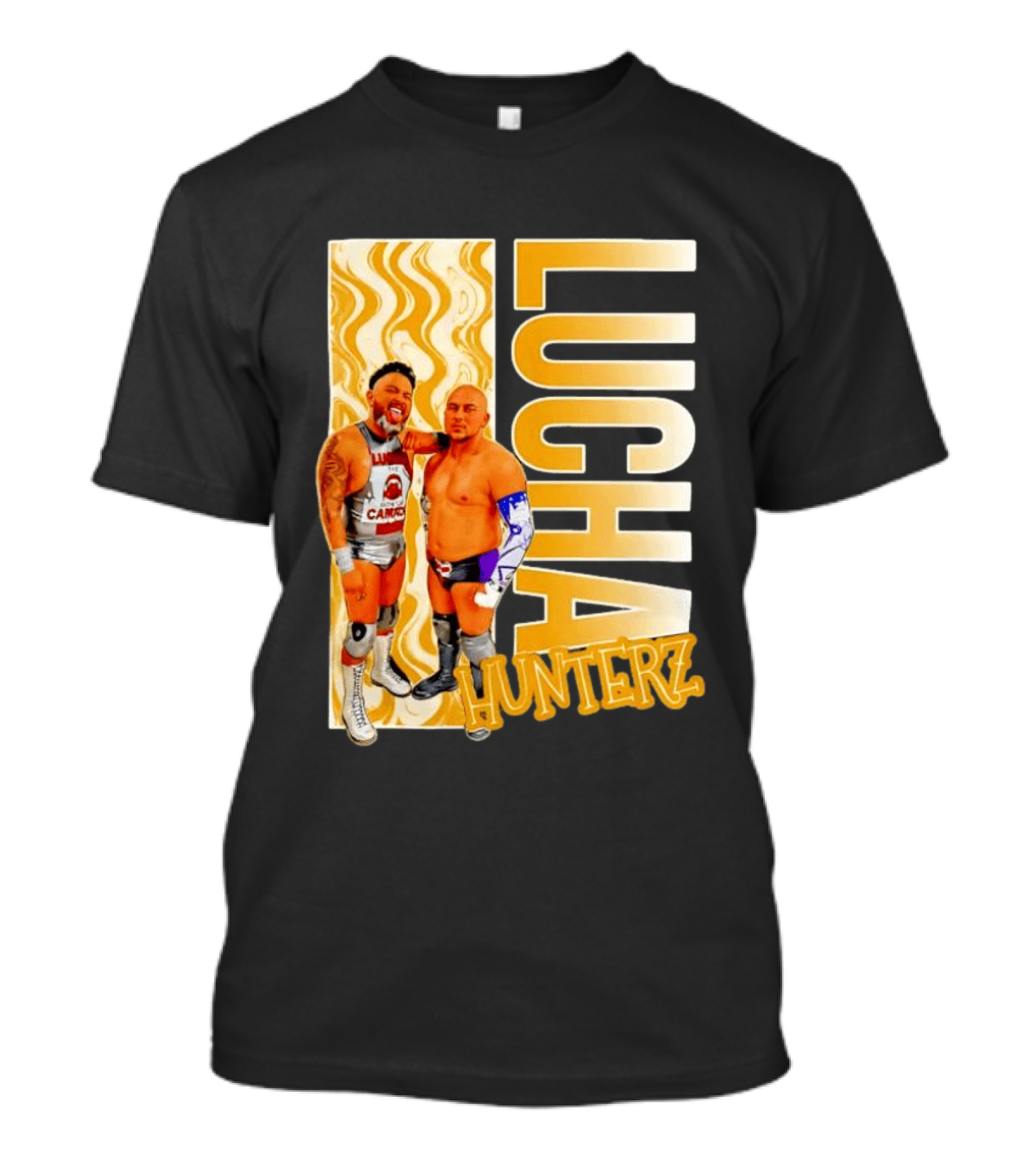 Lucha Hunterz Wrestlers Duo With Llamas And Gold Accents T-Shirt