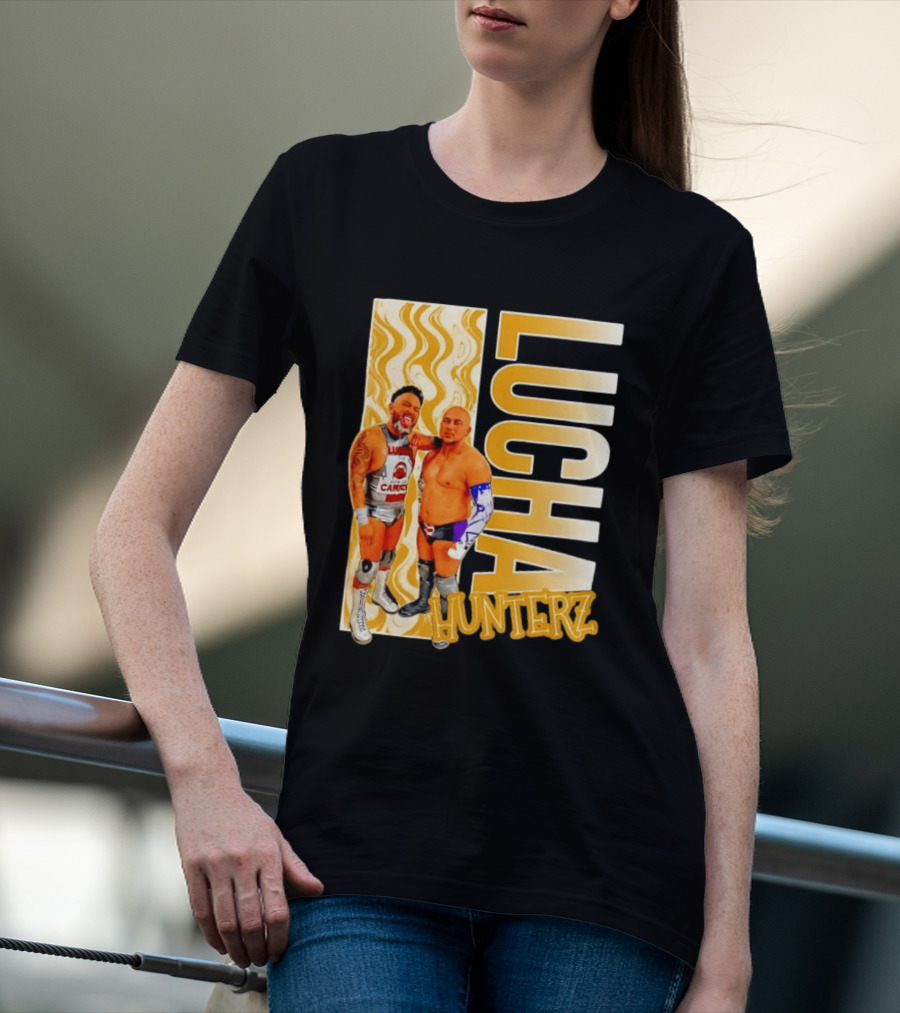 Lucha Hunterz Wrestlers Duo With Llamas And Gold Accents T-Shirt