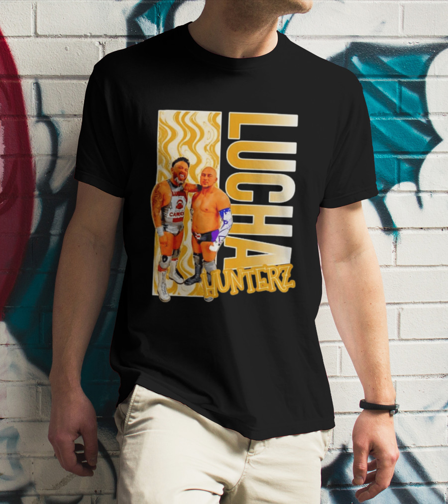 Lucha Hunterz Wrestlers Duo With Llamas And Gold Accents T-Shirt