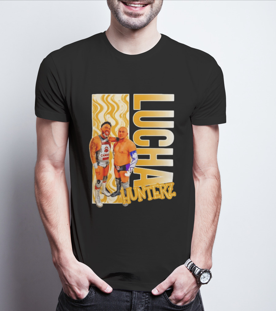 Lucha Hunterz Wrestlers Duo With Llamas And Gold Accents T-Shirt