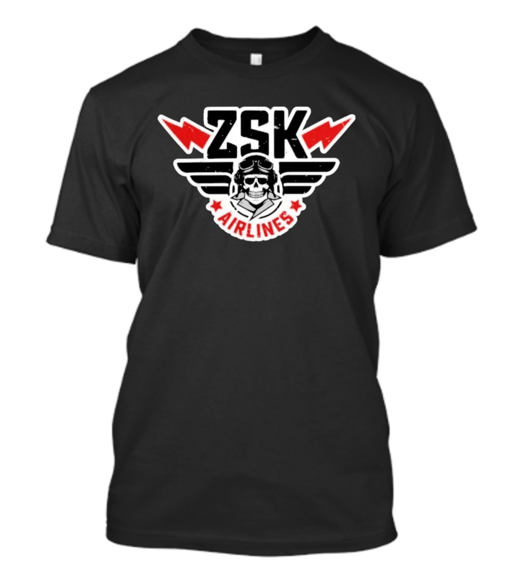 ZSK Airlines Skull Pilot Wings With Red Lightning Bolts And Stars T-Shirt