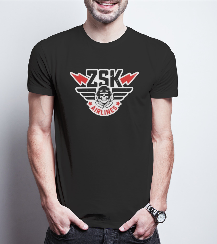 ZSK Airlines Skull Pilot Wings With Red Lightning Bolts And Stars T-Shirt