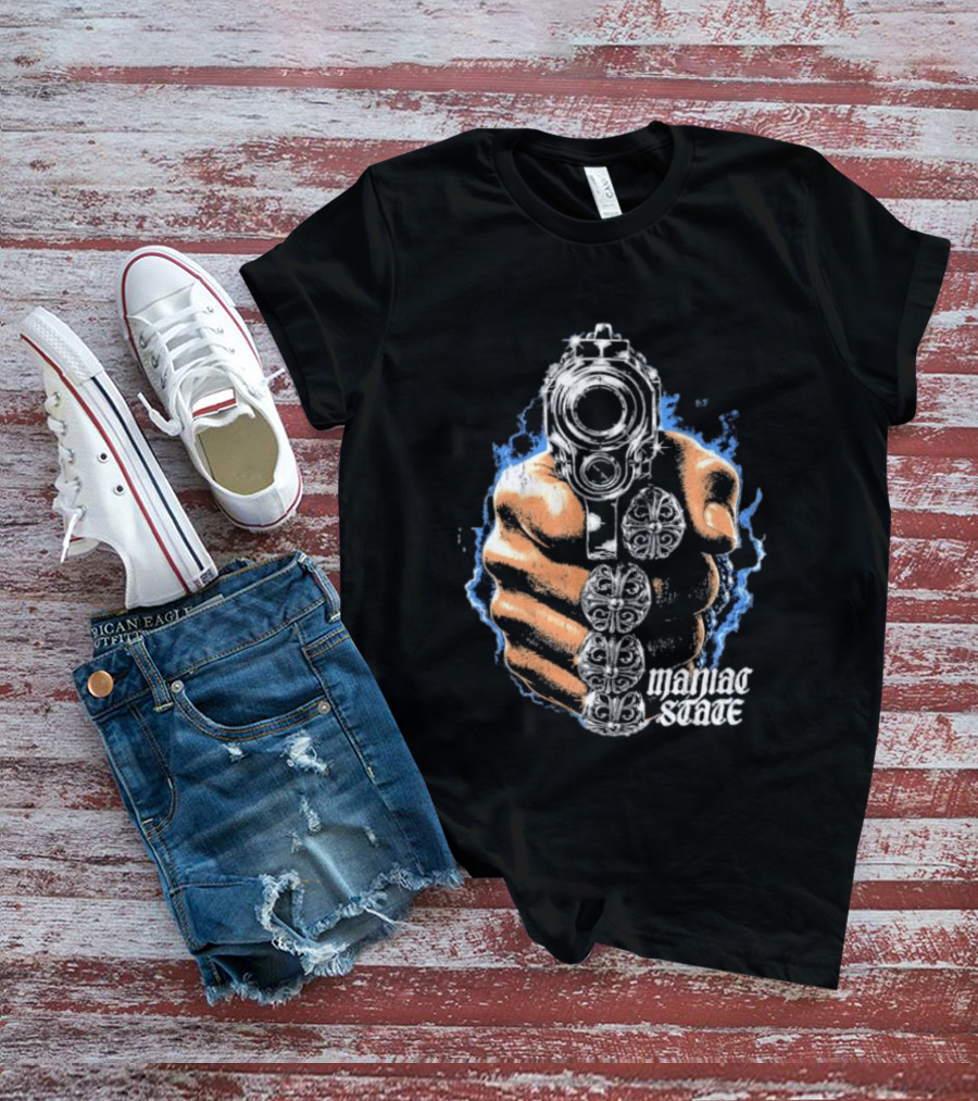 Maniac State Handgun Fist Chrome Cross Rings T-Shirt