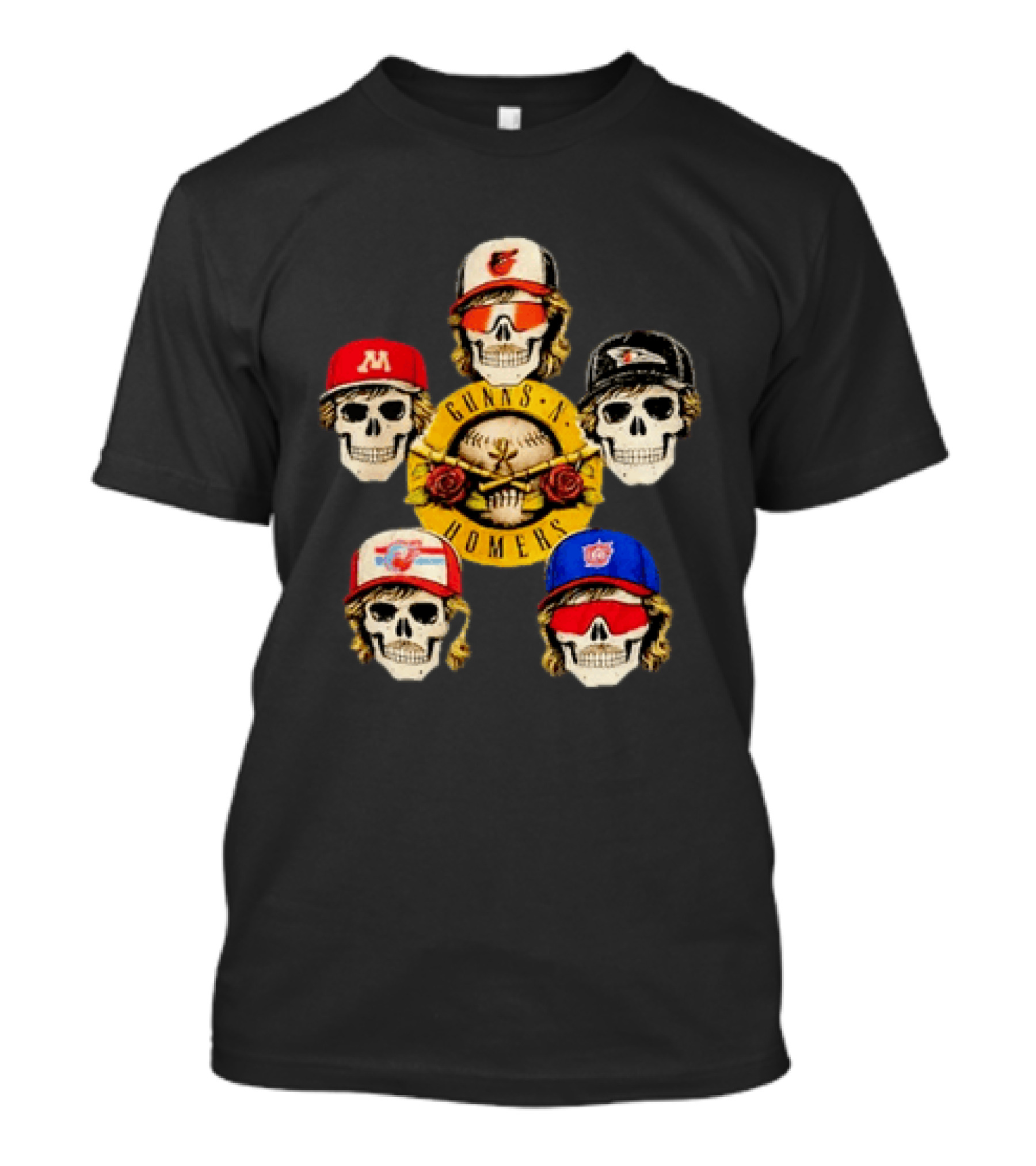 Gunns N Homers Baseball Skull Mashup With Five Caps T-Shirt