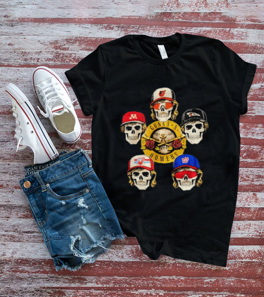 Gunns N Homers Baseball Skull Mashup With Five Caps T-Shirt