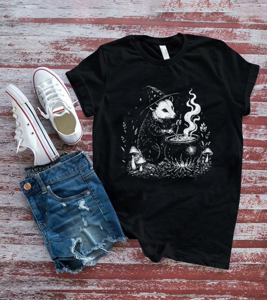 Witch Opossum Stirring Cauldron Surrounded By Mushrooms T-Shirt