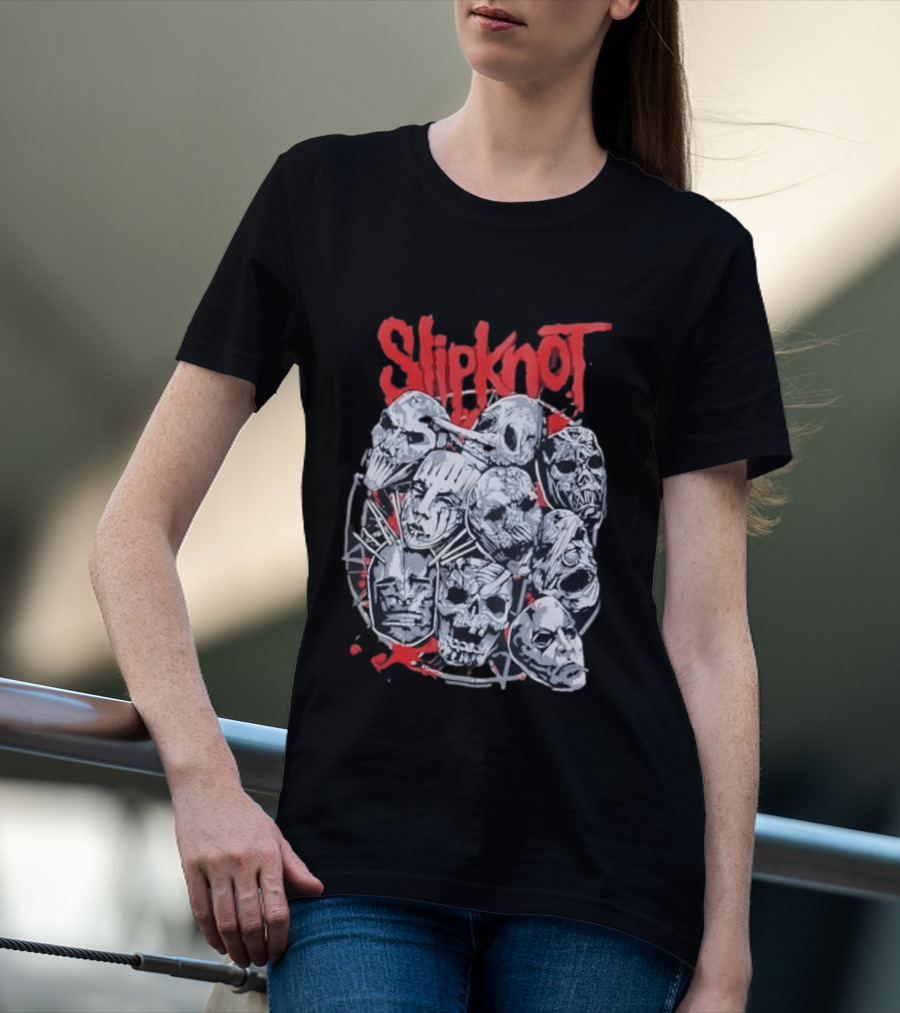 Slipknot Mask Collection With Band Name In Red T-Shirt