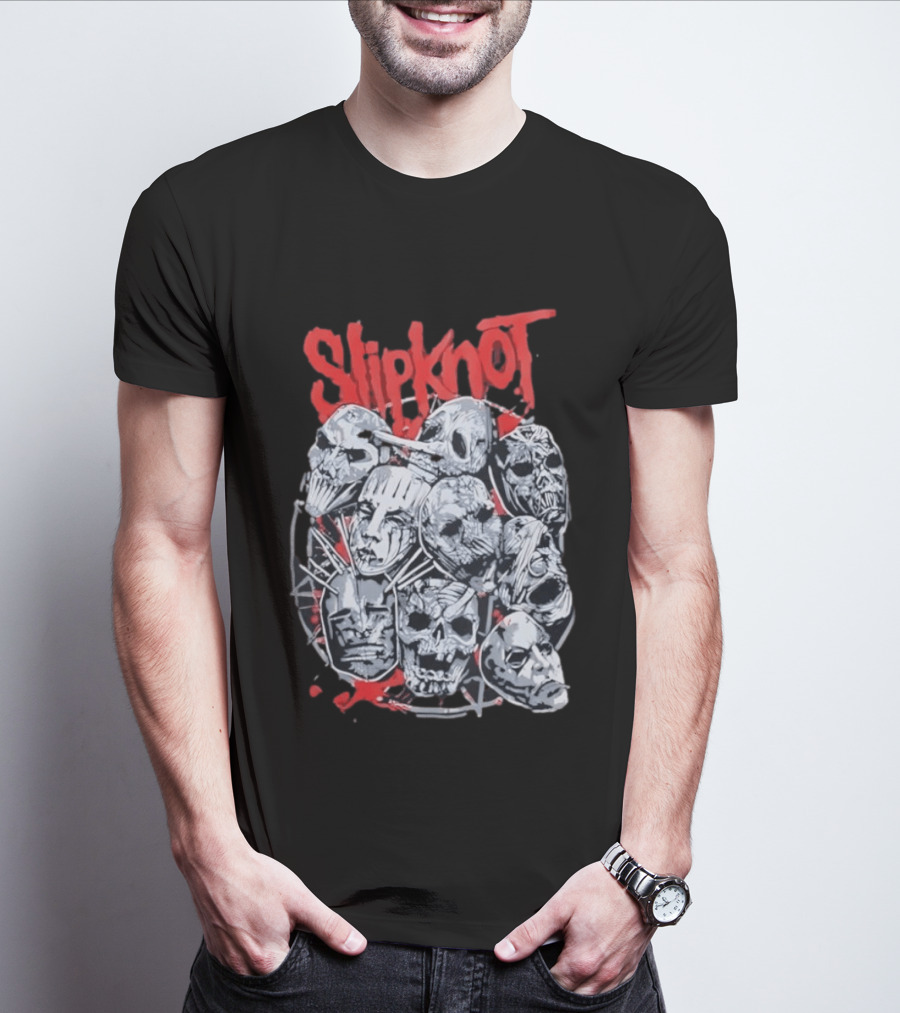 Slipknot Mask Collection With Band Name In Red T-Shirt