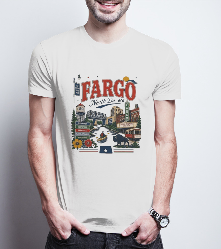 Fargo North Dakota Red River Downtown Brewhalla Plains Art Museum Riverfront Theatre T-Shirt