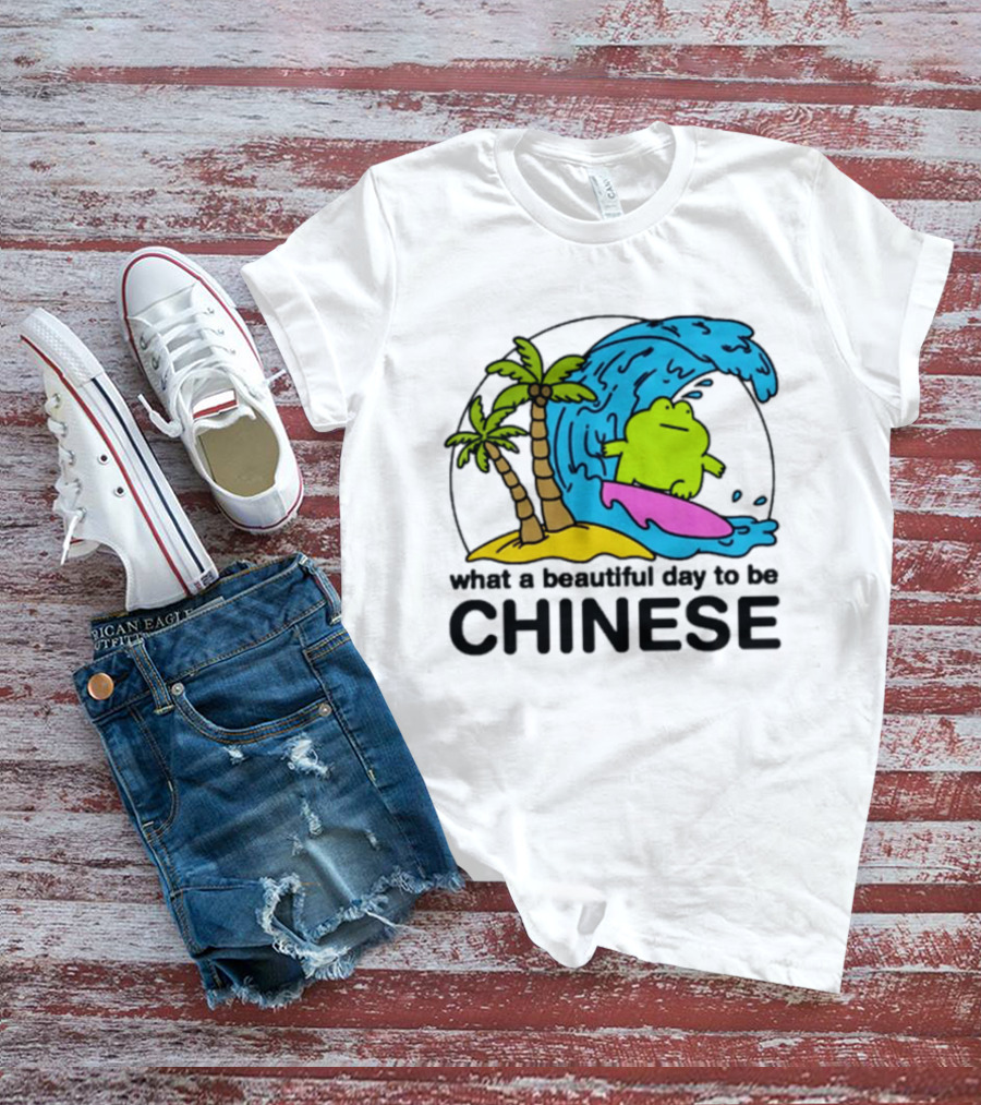 What A Beautiful Day To Be Chinese Surfing Frog With Palm Trees And Waves T-Shirt