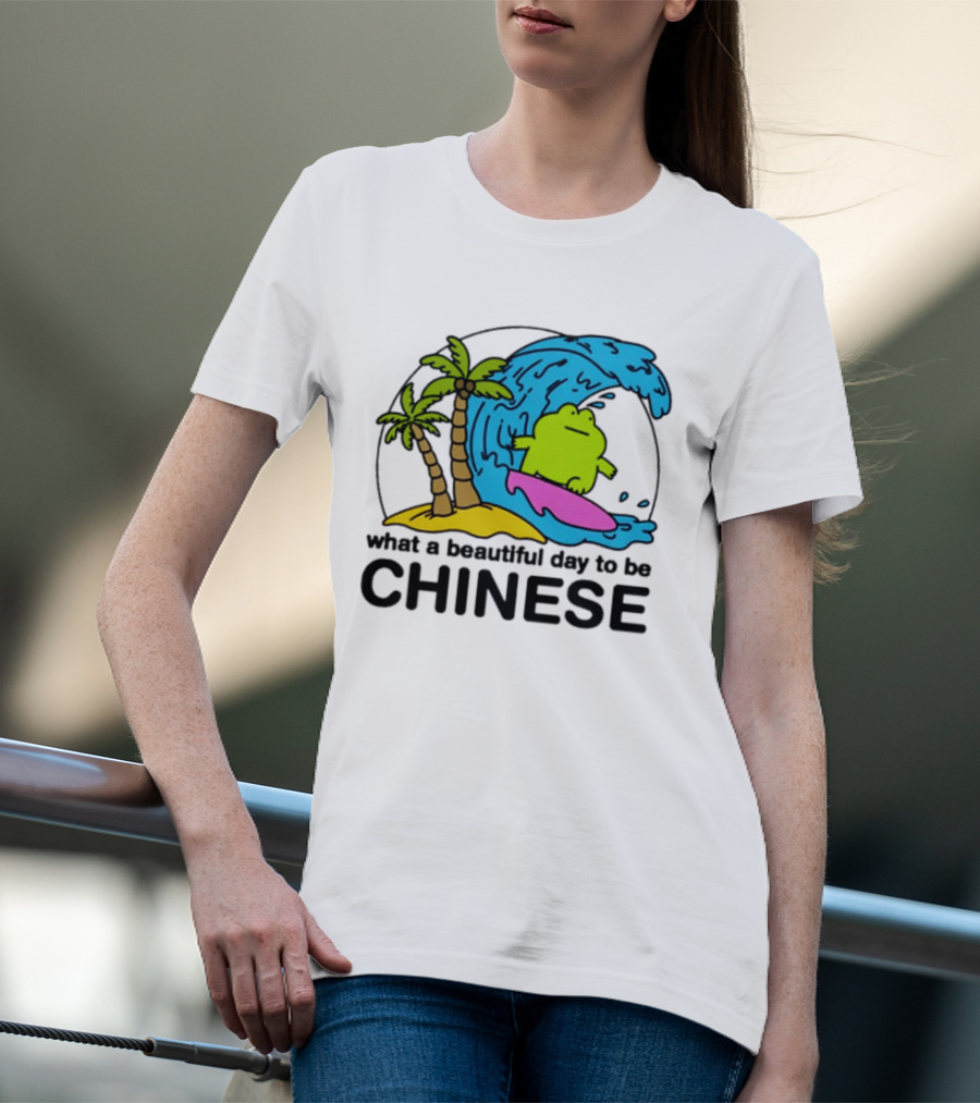 What A Beautiful Day To Be Chinese Surfing Frog With Palm Trees And Waves T-Shirt