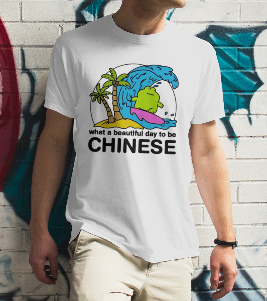 What A Beautiful Day To Be Chinese Surfing Frog With Palm Trees And Waves T-Shirt