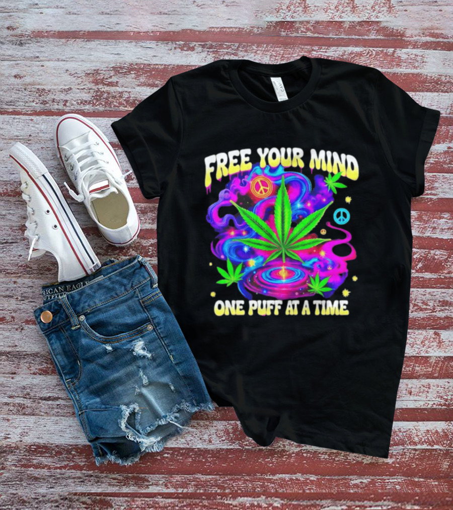 Psychedelic Cannabis Leaf Peace Sign Free Your Mind One Puff At A Time Trippy T-Shirt
