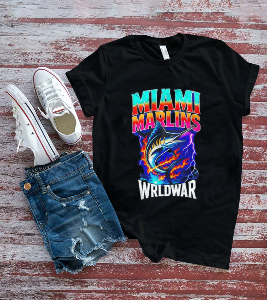 Miami Marlins Wrldwar Lightning Flame Marlin T-Shirt