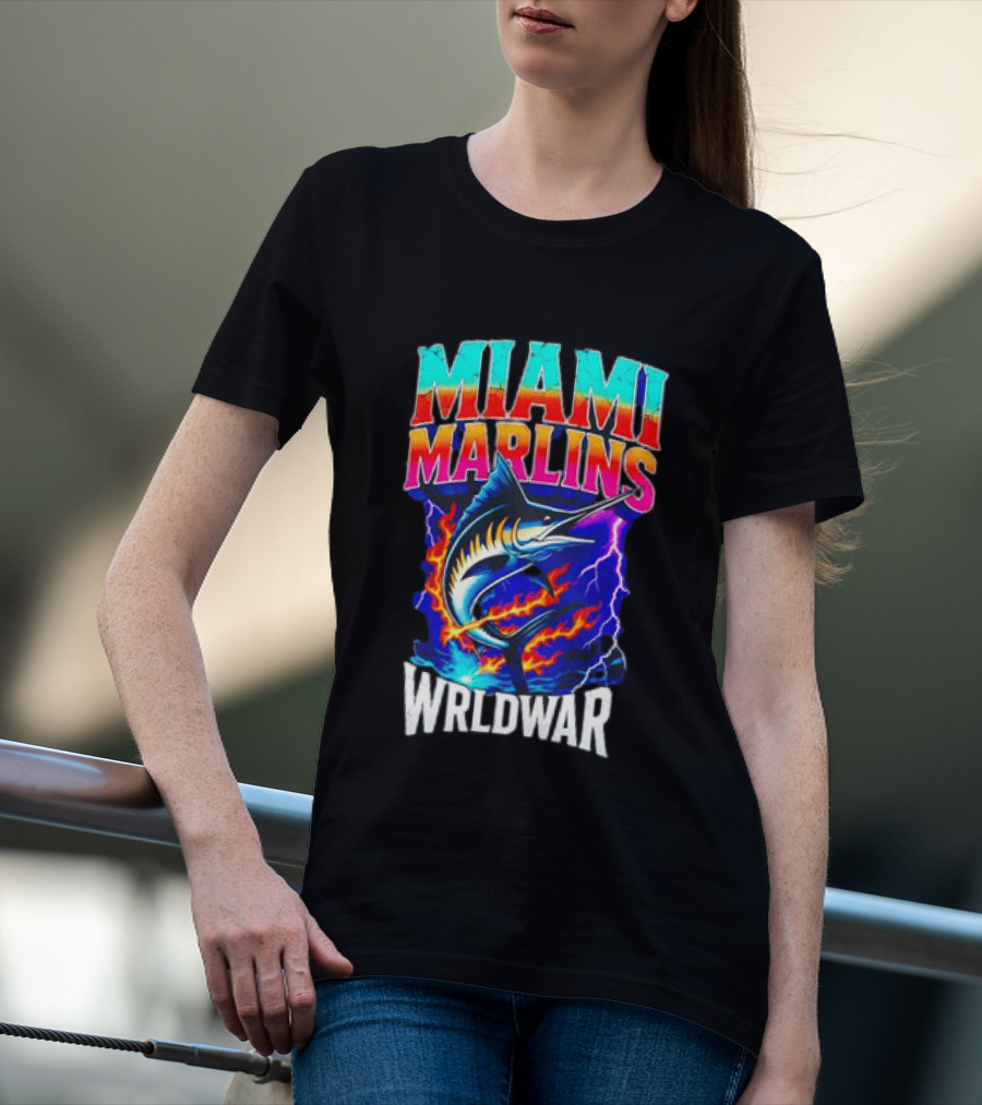 Miami Marlins Wrldwar Lightning Flame Marlin T-Shirt