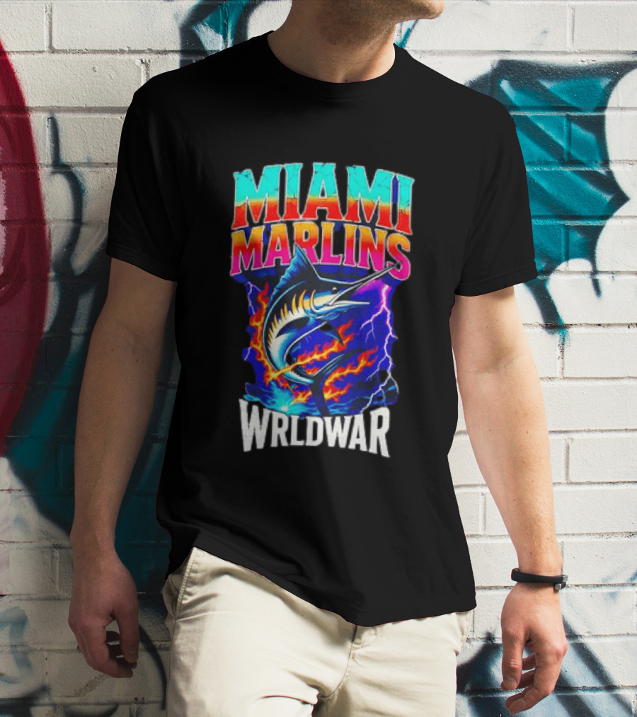 Miami Marlins Wrldwar Lightning Flame Marlin T-Shirt