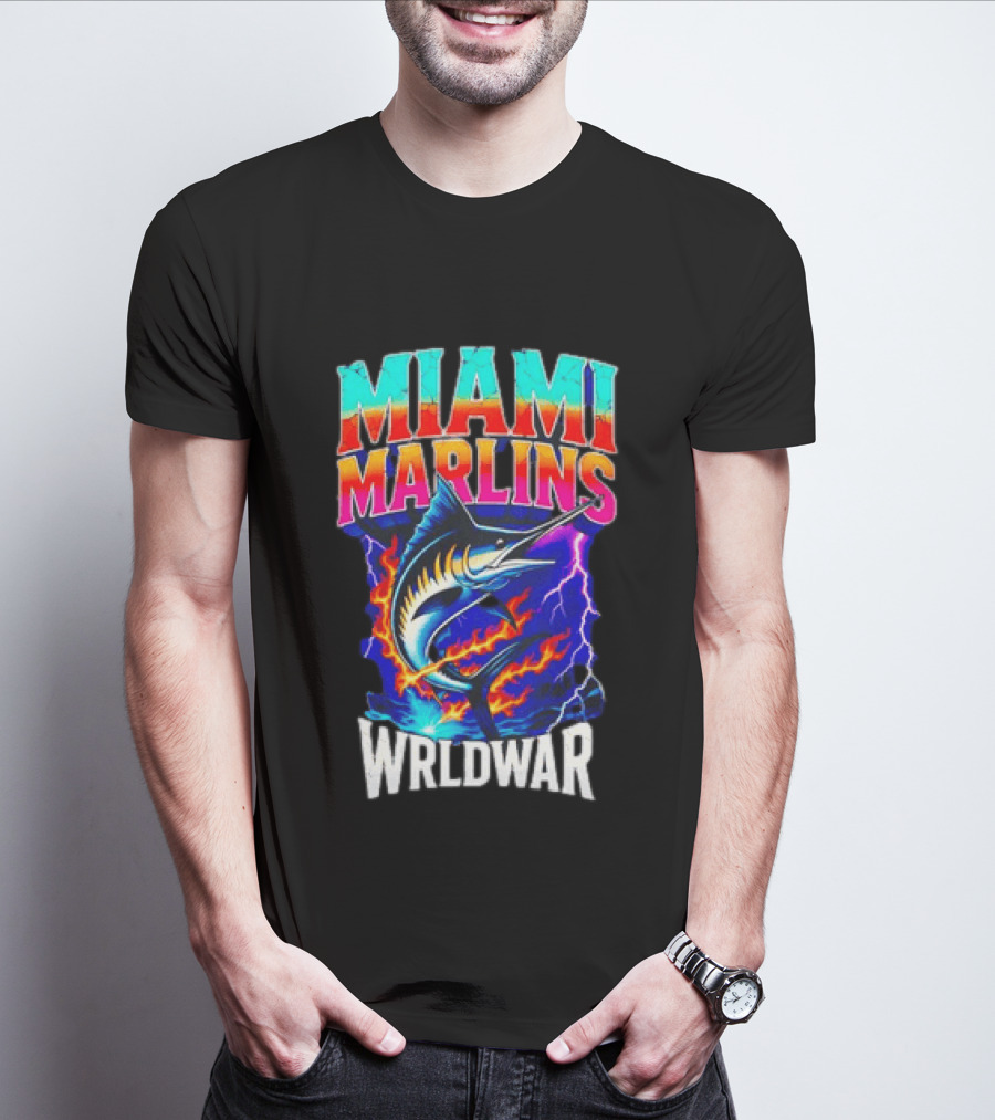 Miami Marlins Wrldwar Lightning Flame Marlin T-Shirt