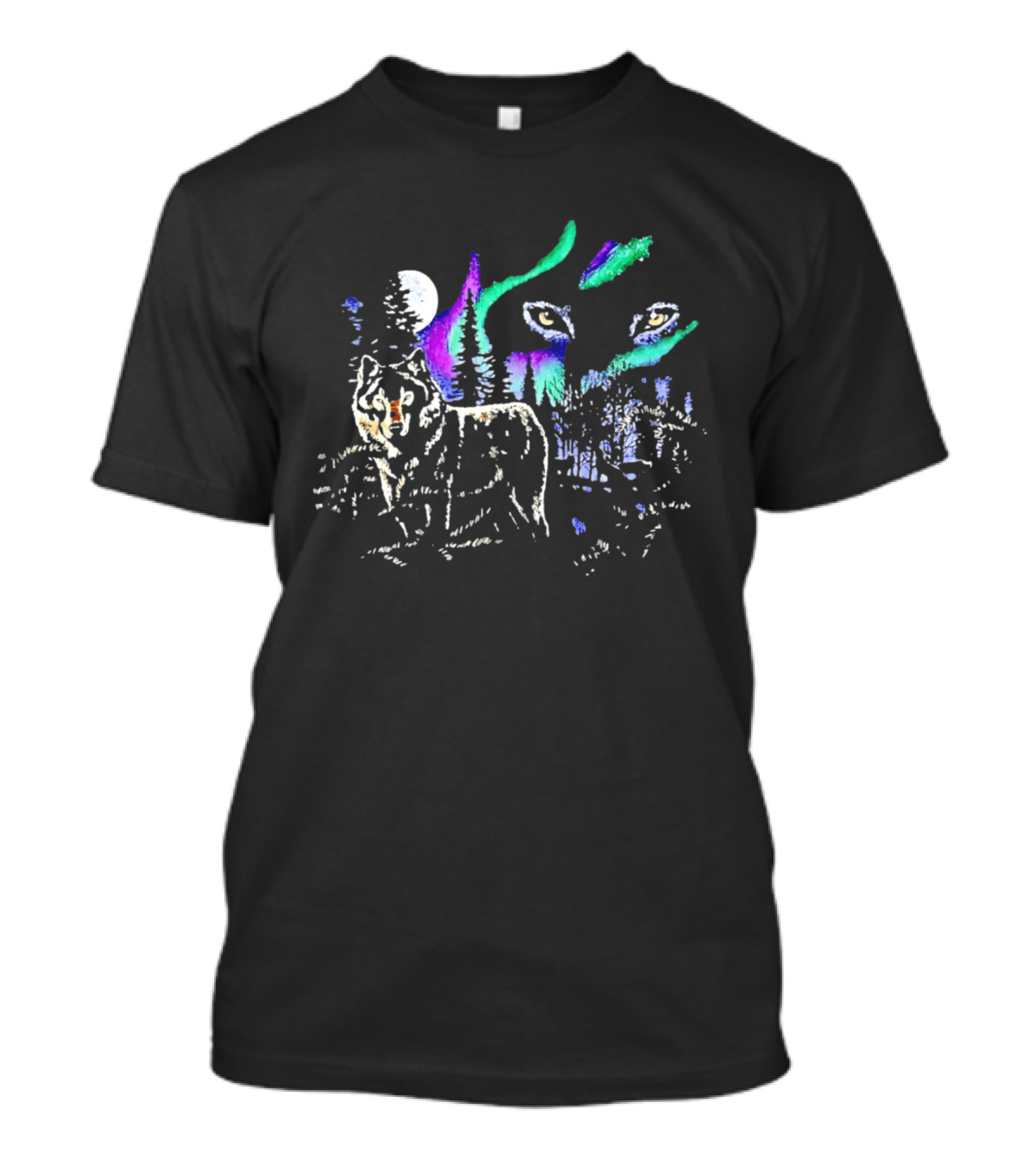 Northern Lights Wolf Under Starry Sky Moonlight Scene T-Shirt