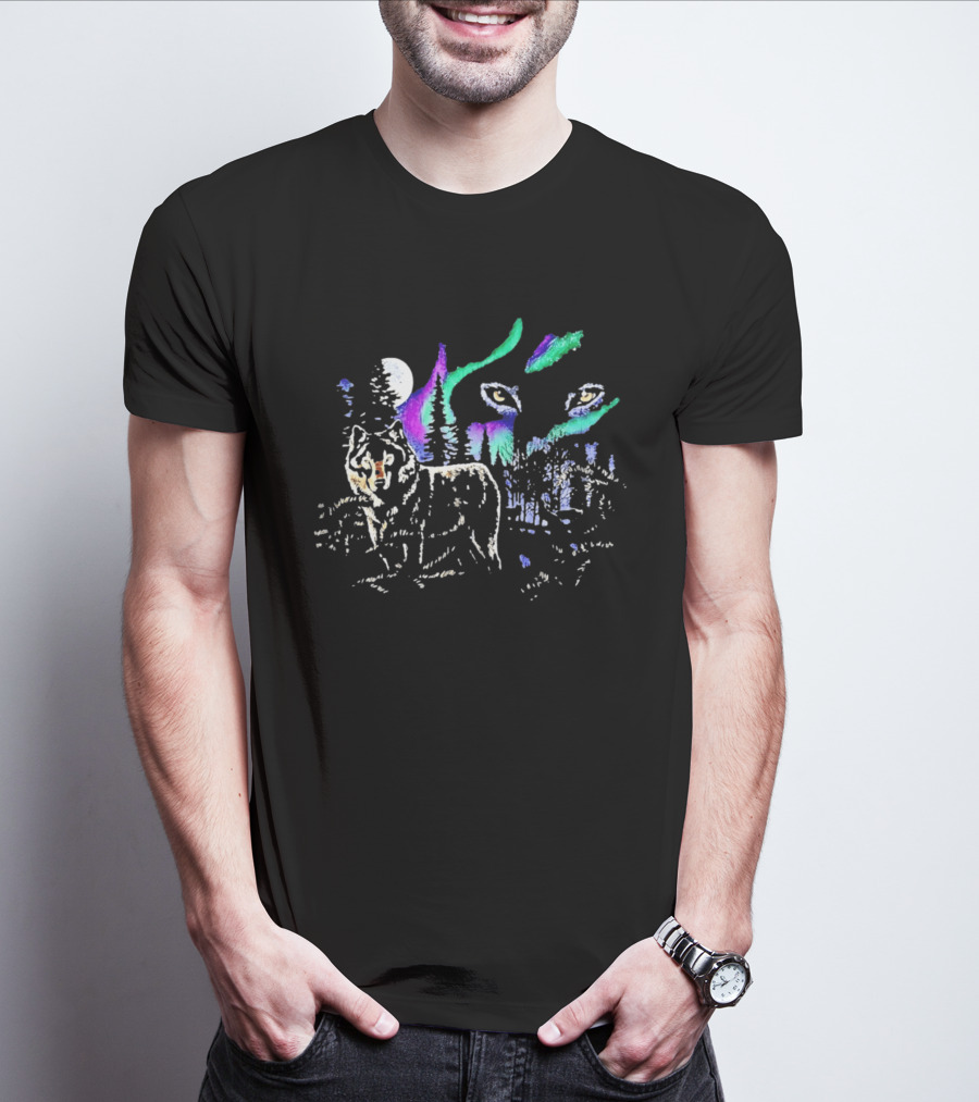 Northern Lights Wolf Under Starry Sky Moonlight Scene T-Shirt