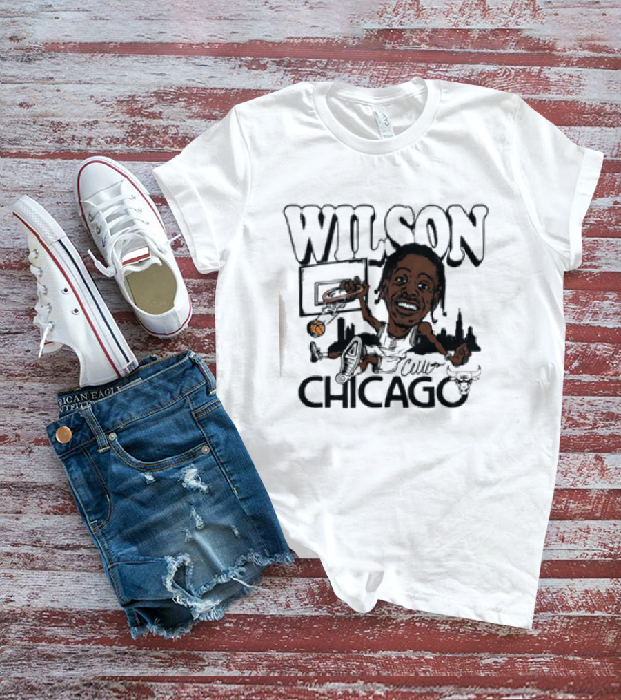 Wilson Dunking Basketball Caricature Chicago Bulls Skyline T-Shirt