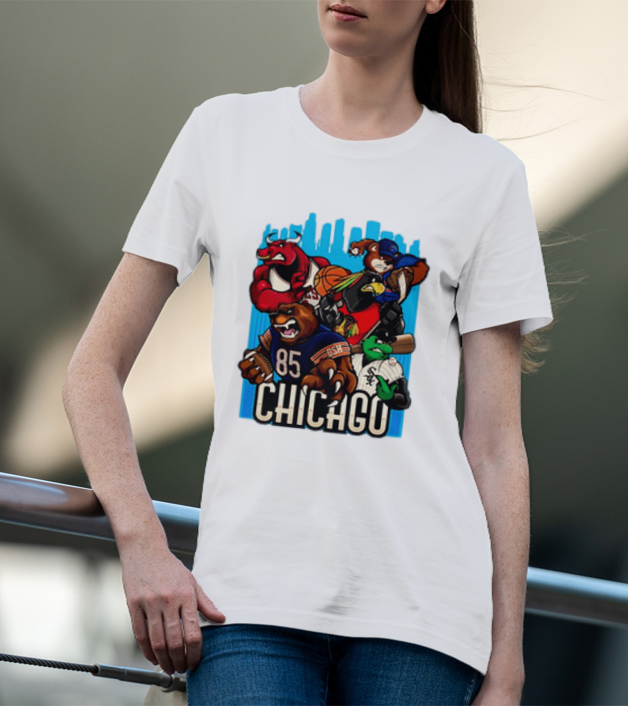 Chicago Bulls Bears Blackhawks Cubs White Sox Sports Team Characters T-Shirt