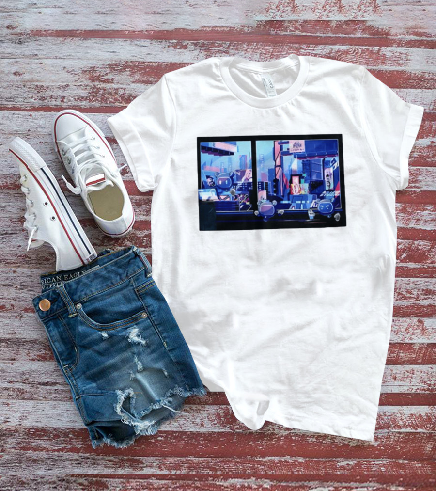Lit Bot Apts Robots Futuristic City Skyline Pixel T-Shirt