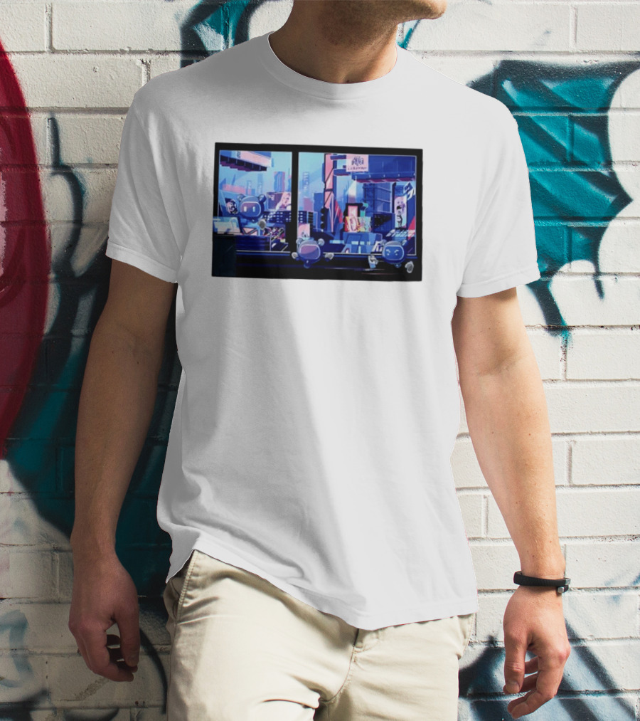 Lit Bot Apts Robots Futuristic City Skyline Pixel T-Shirt