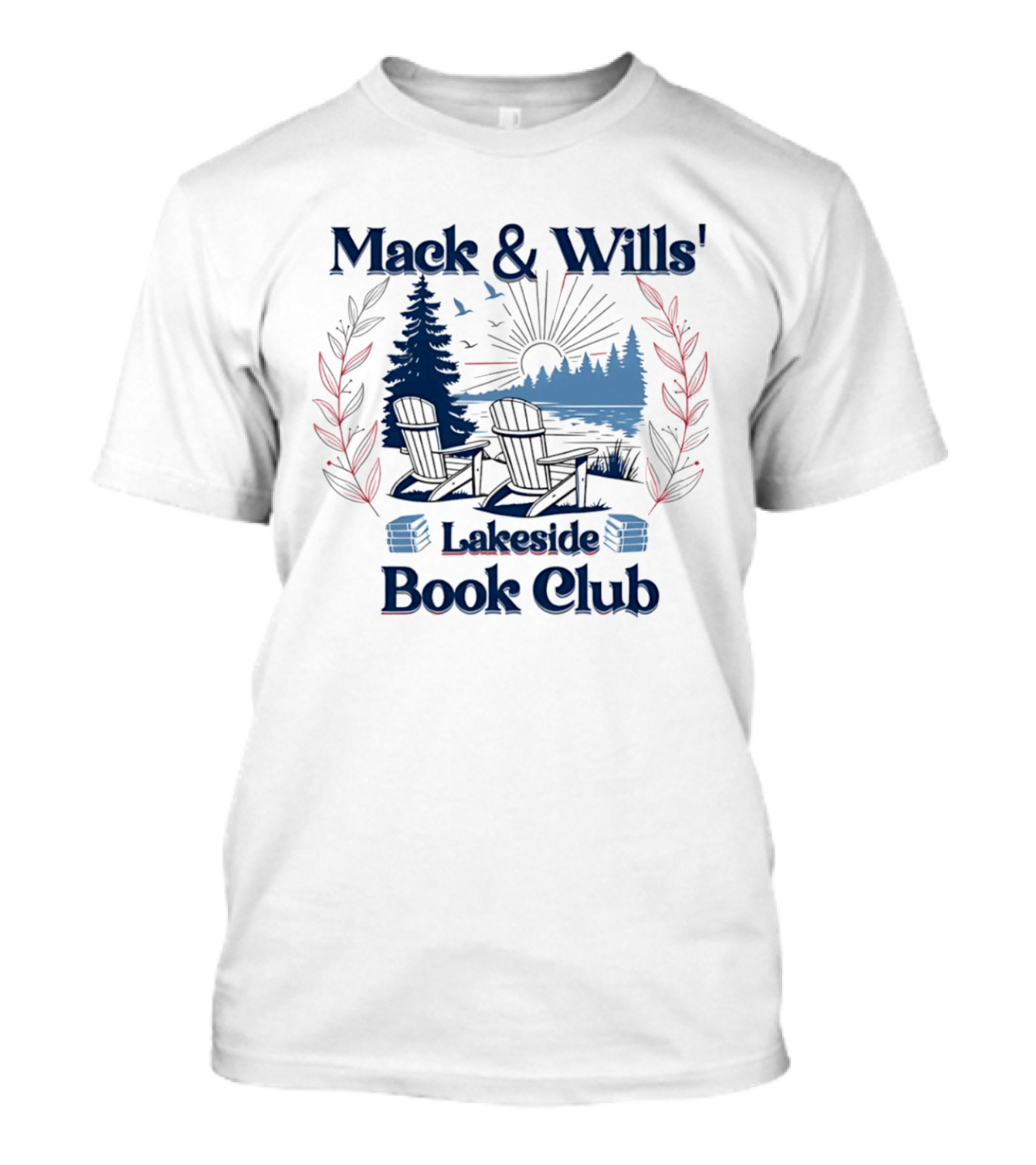 Mack & Wills' Lakeside Book Club Adirondack Chairs Sunset Scene T-Shirt