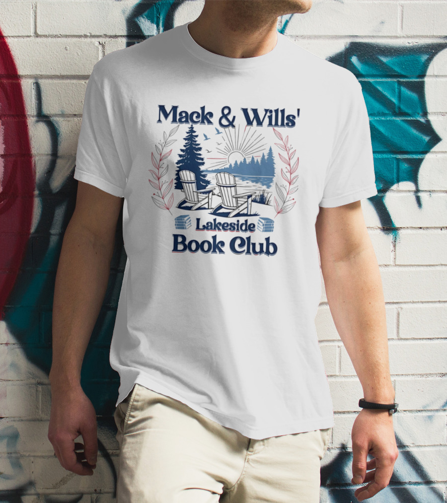 Mack & Wills' Lakeside Book Club Adirondack Chairs Sunset Scene T-Shirt