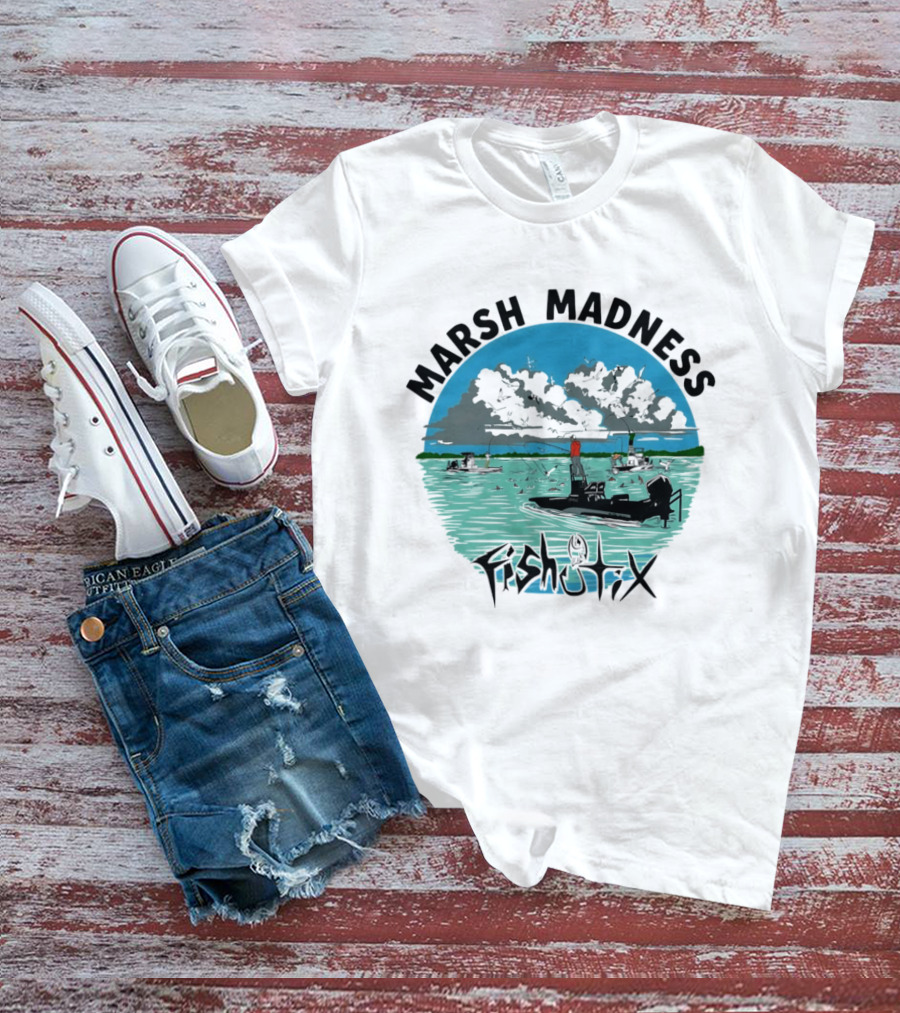 Marsh Madness Fishstix Boat Fishing Scene T-Shirt