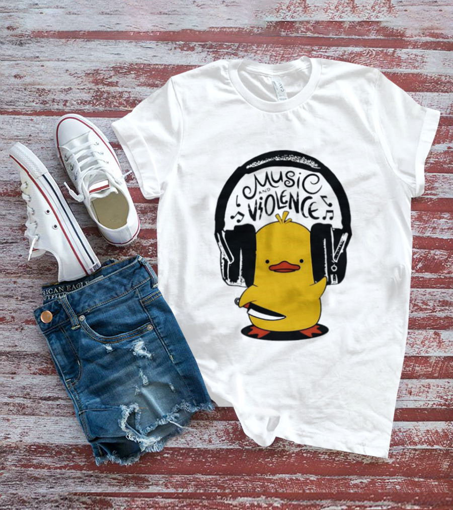 Murder Duck Music And Violence Headphones Knife Animal Bird T-Shirt