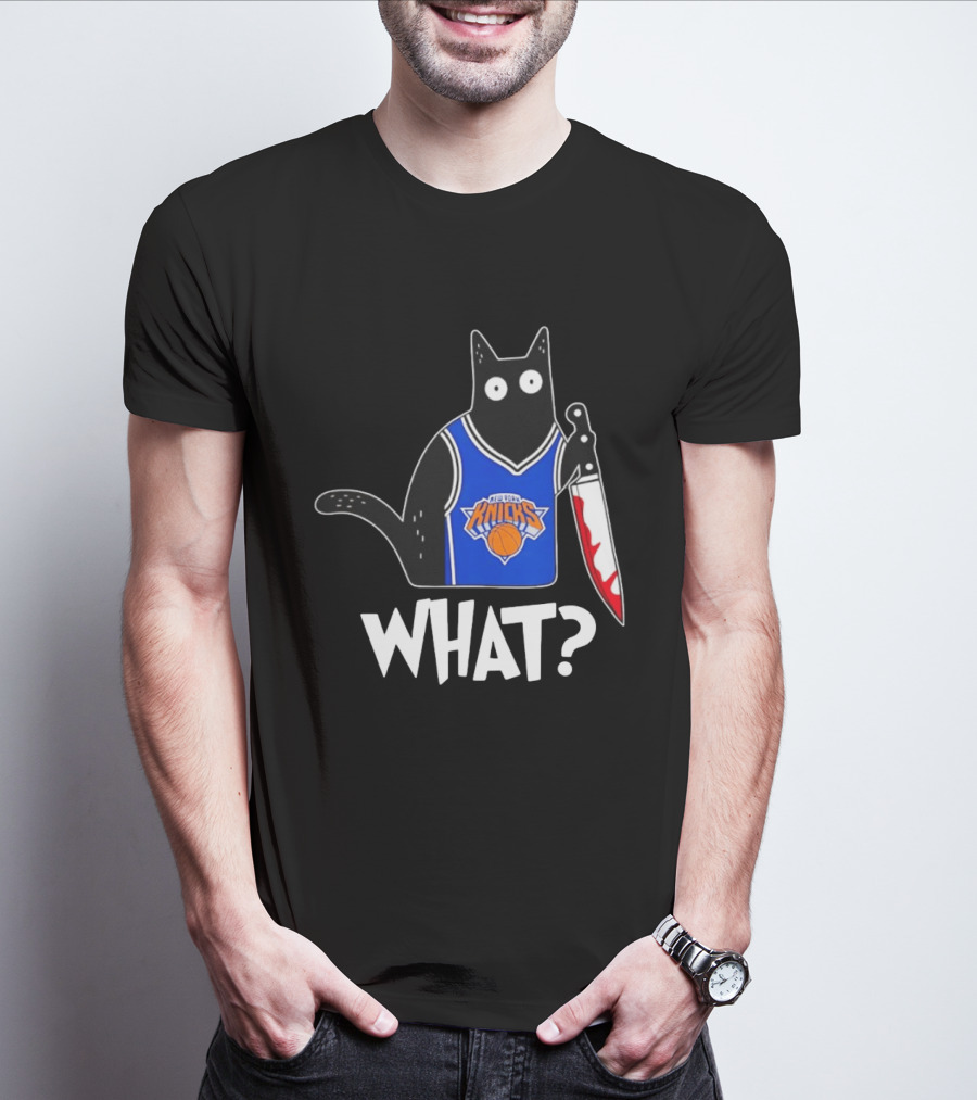 New York Knicks Cat Holding Knife Halloween WHAT T-Shirt