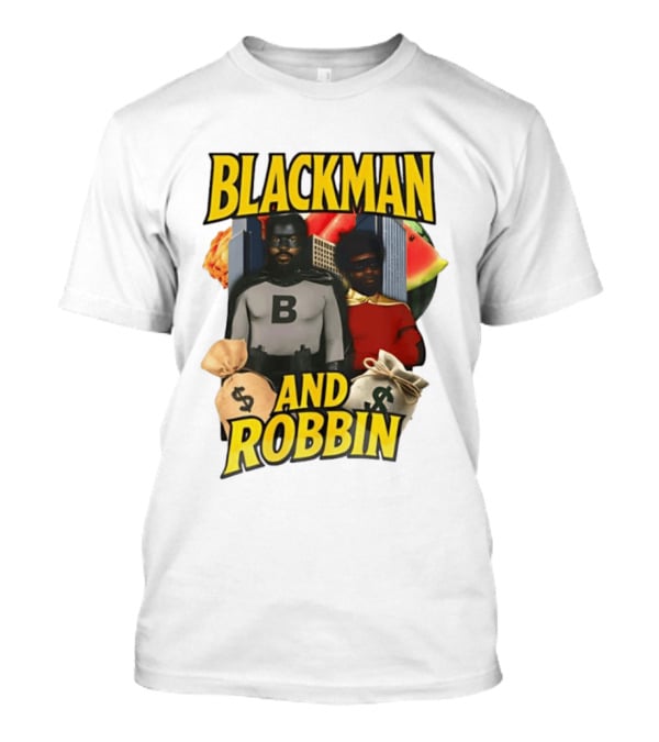 Blackman And Robbin Superhero Satire Comedy Money Bags Cityscape T-Shirt