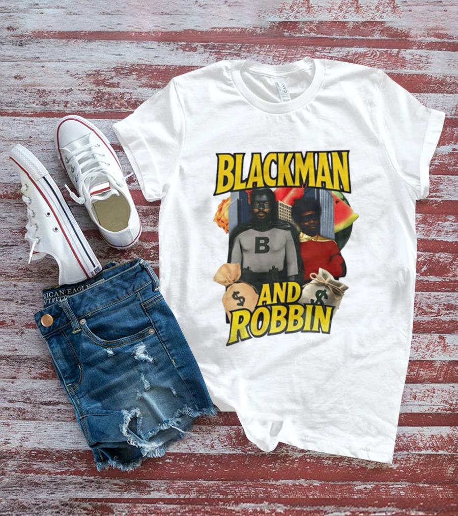 Blackman And Robbin Superhero Satire Comedy Money Bags Cityscape T-Shirt