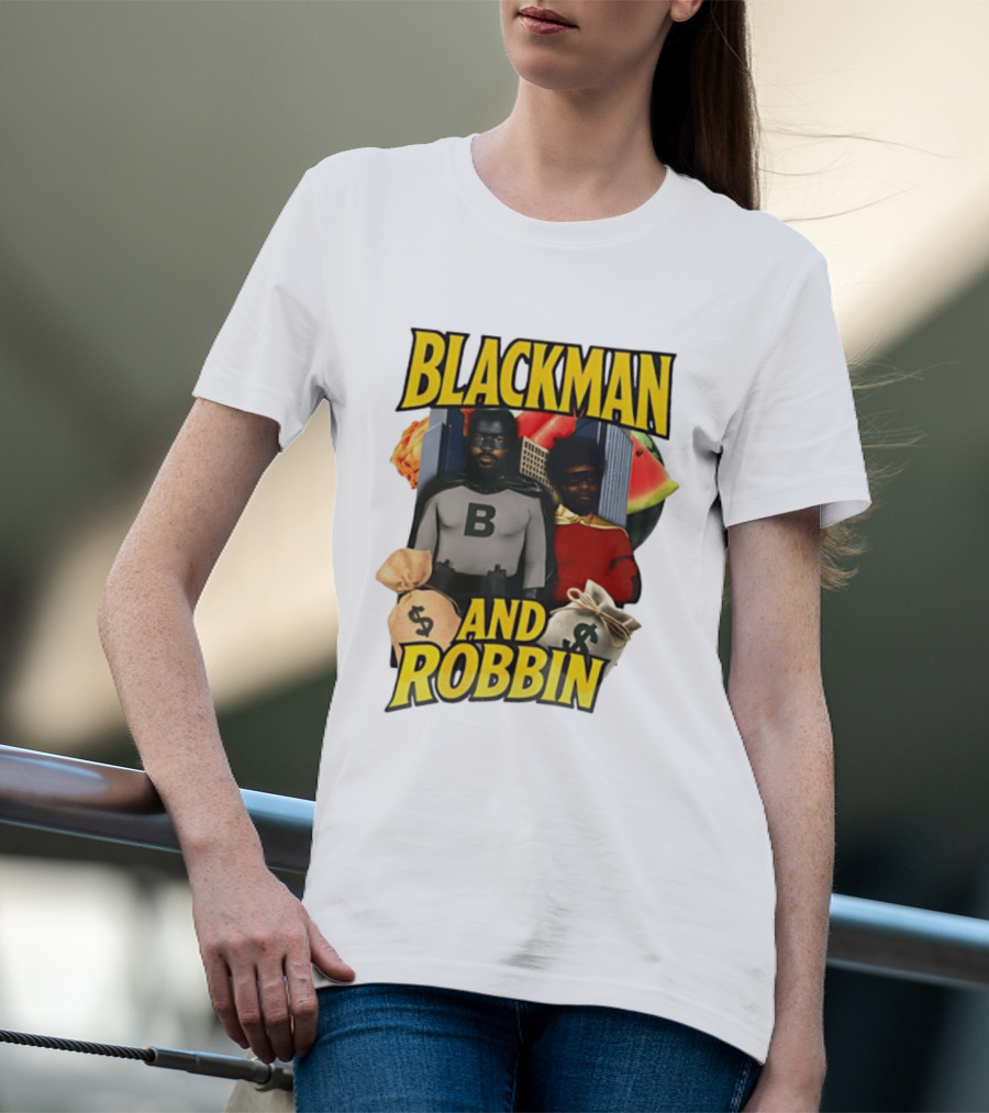 Blackman And Robbin Superhero Satire Comedy Money Bags Cityscape T-Shirt