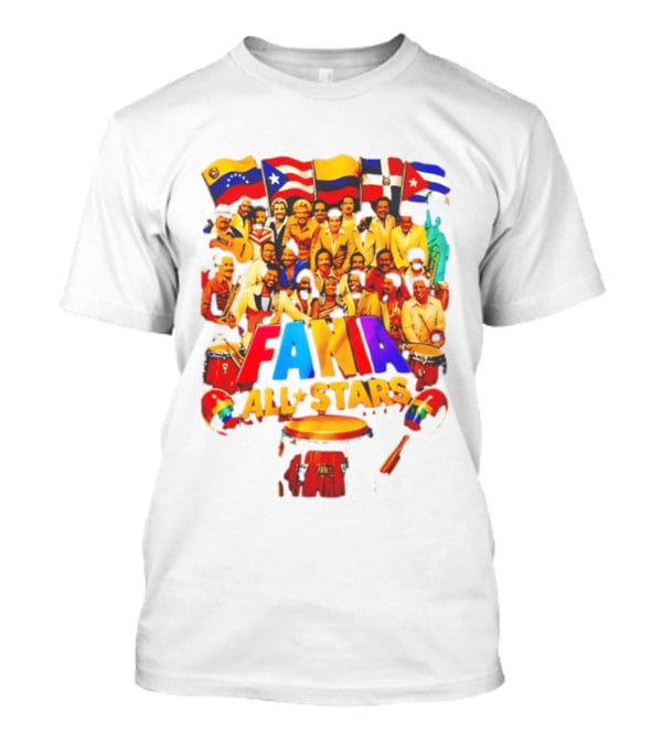 Fania All Stars Band With Colorful Flags And Musical Instruments T-Shirt