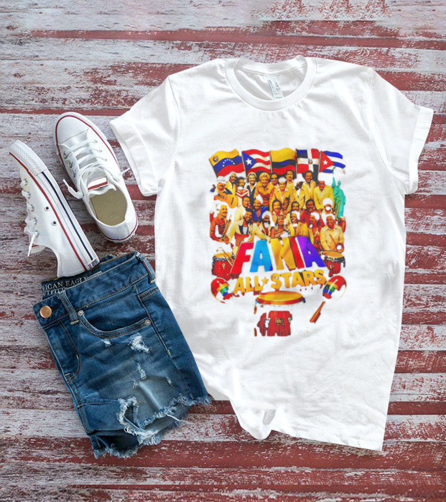 Fania All Stars Band With Colorful Flags And Musical Instruments T-Shirt