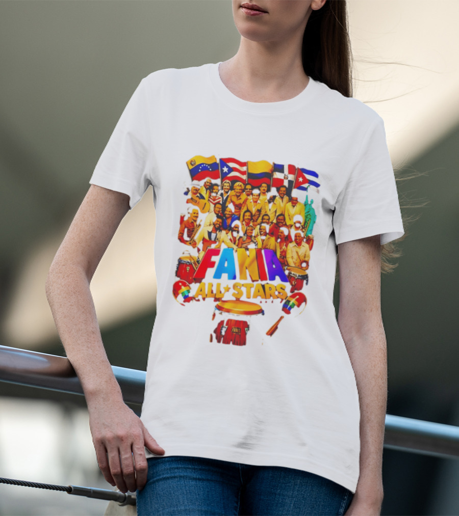 Fania All Stars Band With Colorful Flags And Musical Instruments T-Shirt