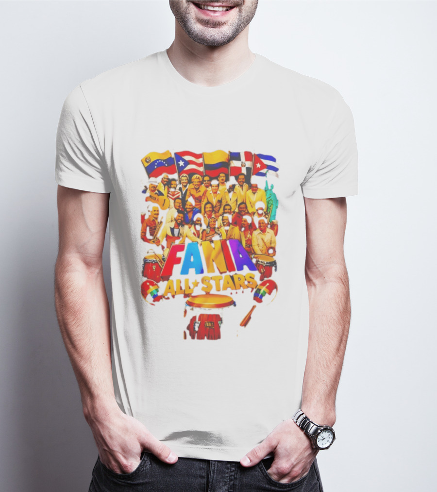 Fania All Stars Band With Colorful Flags And Musical Instruments T-Shirt