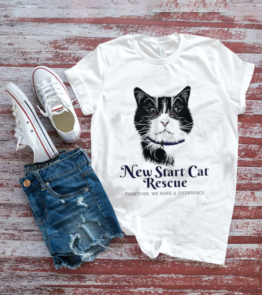 New Start Cat Rescue Together We Make A Difference Black And White Cat T-Shirt