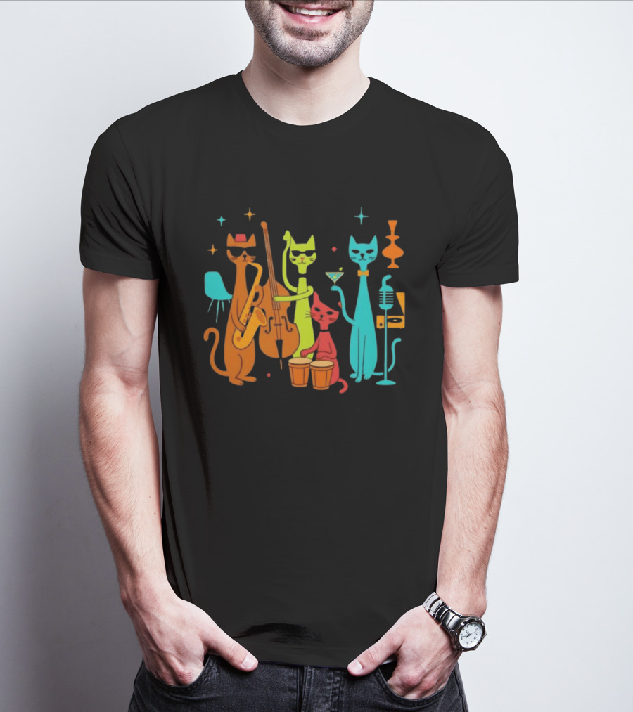 Jazz Cat Quartet Playing Instruments Bass Bongo Trumpet Martini T-Shirt